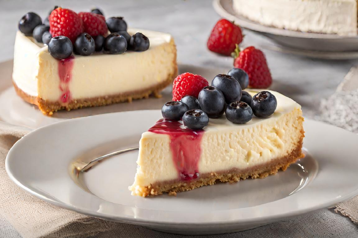 Freshly baked vanilla cheesecake on a serving plate