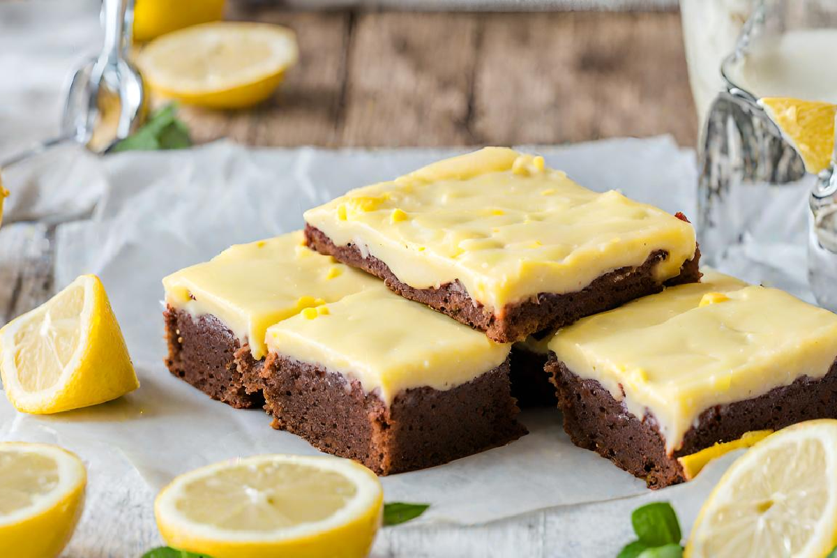 Lemon Brownies topped with tangy lemon glaze