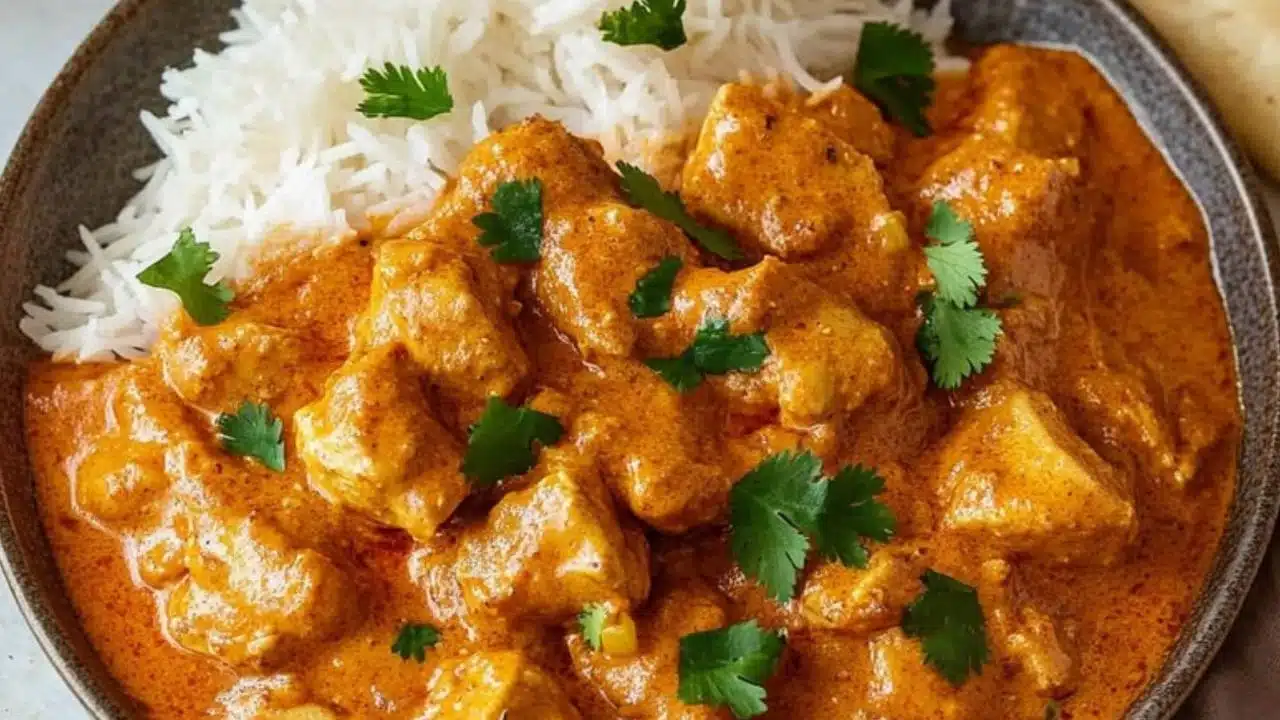 a plate with rice, chicken and naan on it is featured in the ad