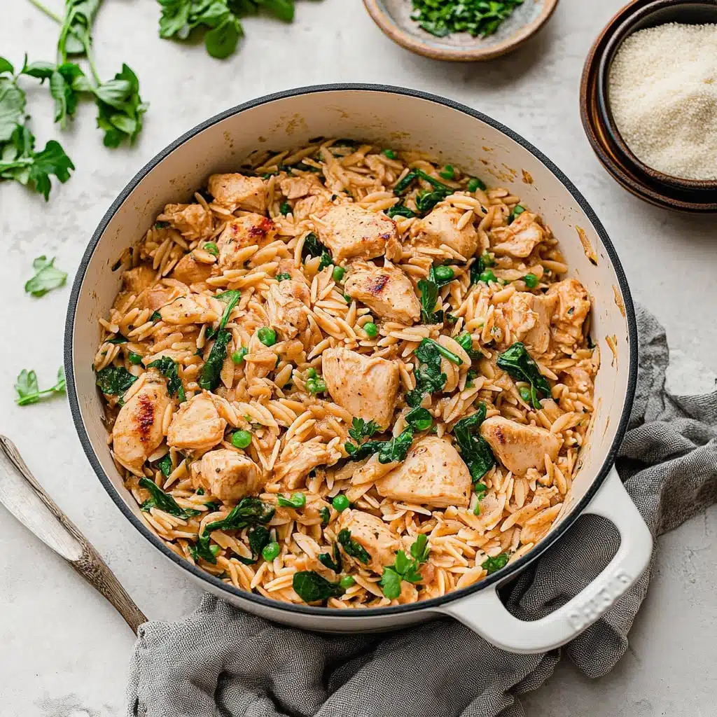 chicken and asparagus pasta in a skillet with the words high protein chicken orzo