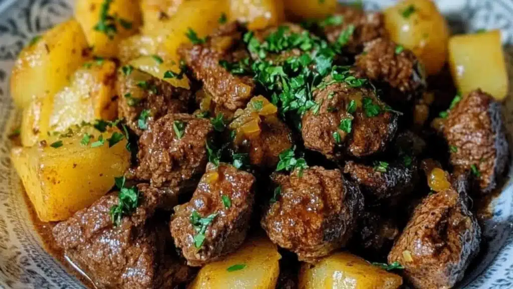 slow cooker garlic butter beef bites and potatoes in a bowl with text overlay