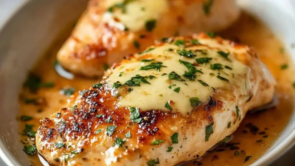 chicken breast in a pan with herbs on top and the words melt in your mouth chicken breast recipe