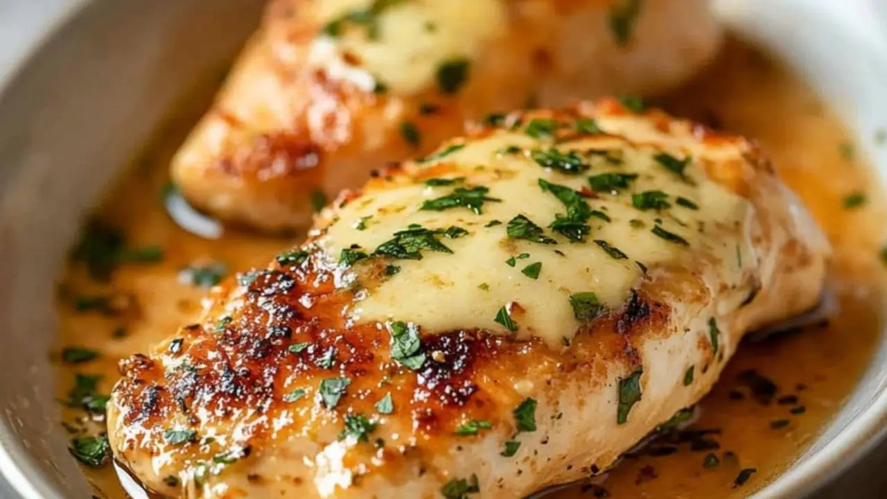 chicken breast in a pan with herbs on top and the words melt in your mouth chicken breast recipe
