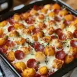 two different views of a pizza casserole with pepperoni and cheese