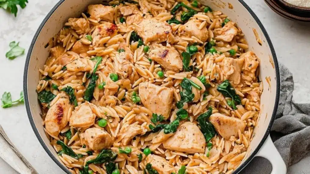 chicken and asparagus pasta in a skillet with the words high protein chicken orzo