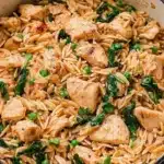 chicken and asparagus pasta in a skillet with the words high protein chicken orzo