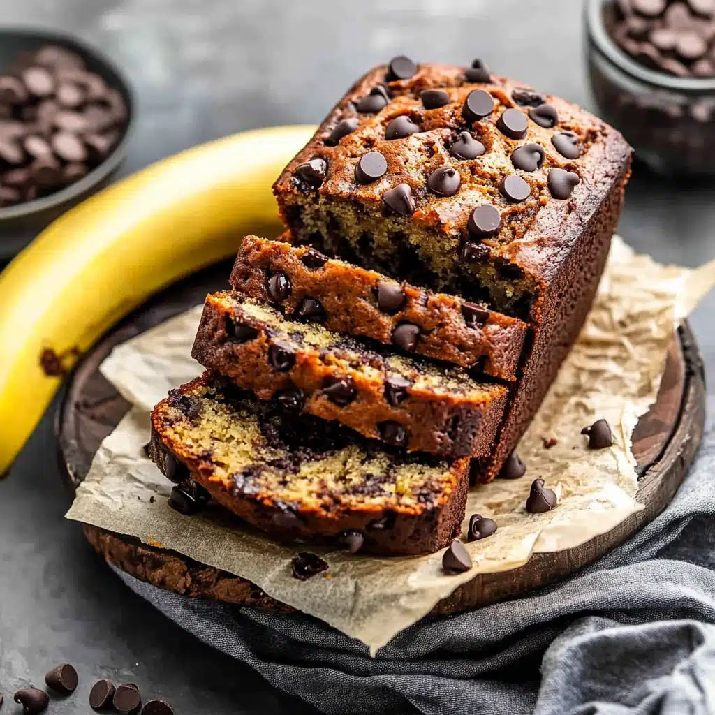 4 slices of chocolate chip banana bread stacked on parchment lined wire rack