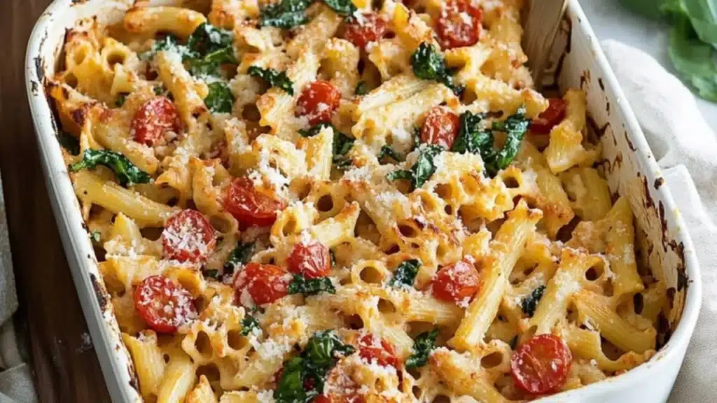 baked feta pasta with tomatoes in the background