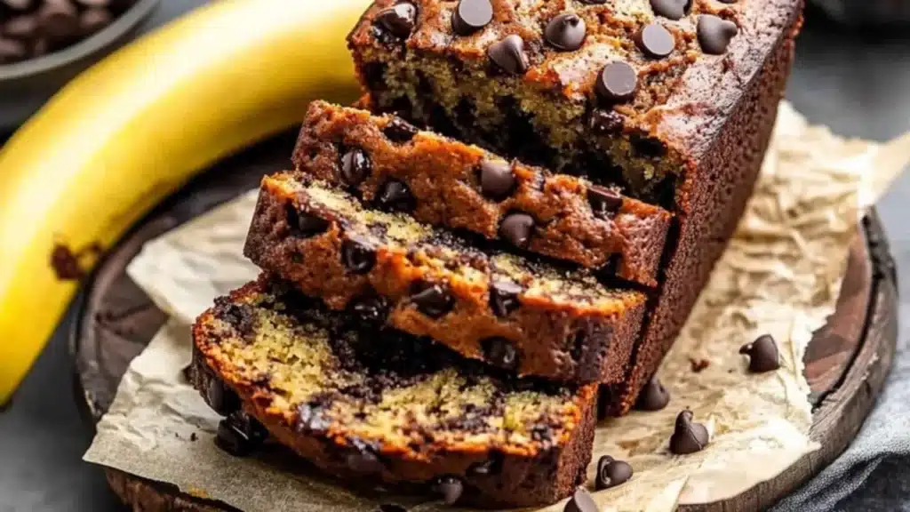 4 slices of chocolate chip banana bread stacked on parchment lined wire rack
