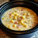 a crock pot filled with corn and potatoes
