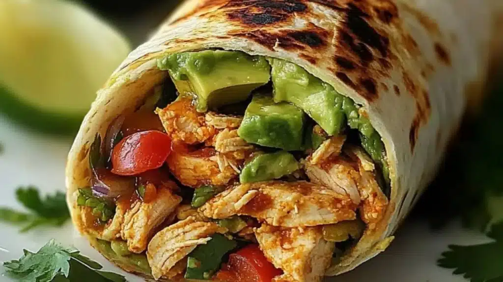the chicken avocado wrap is cut in half and stacked on top of each other