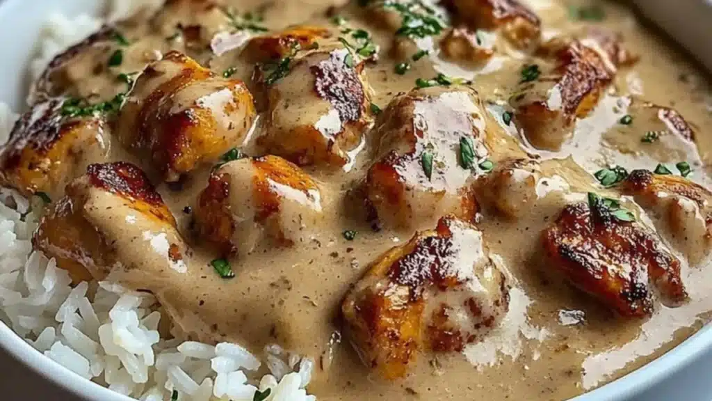 two plates filled with chicken and rice covered in gravy sauce, on top of each other