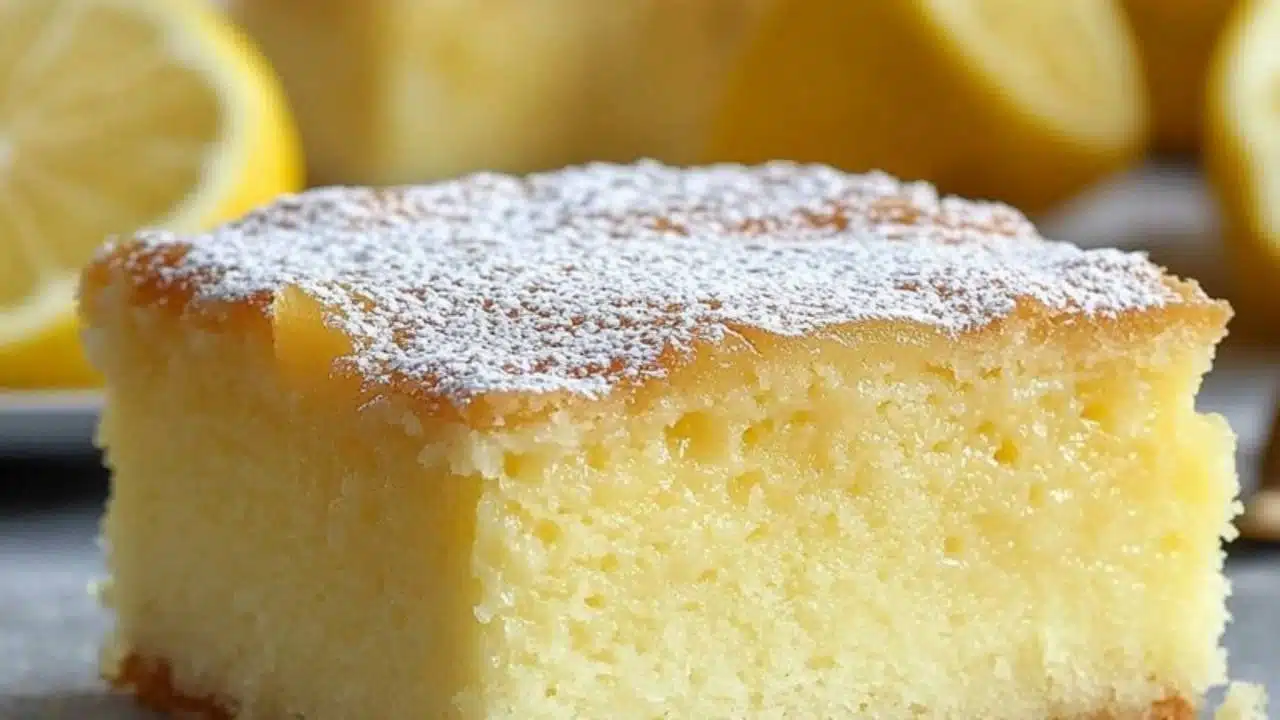 the lemon cake is cut in half and ready to be eaten