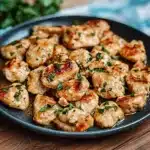 garlic butter chicken bites in a skillet with rice