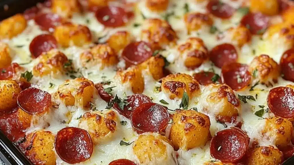 two different views of a pizza casserole with pepperoni and cheese