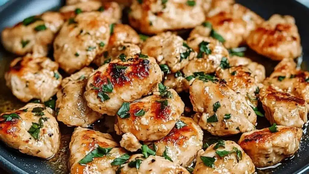 garlic butter chicken bites in a skillet with rice