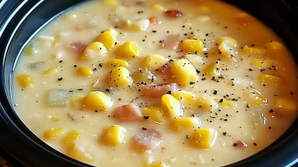 a crock pot filled with corn and potatoes