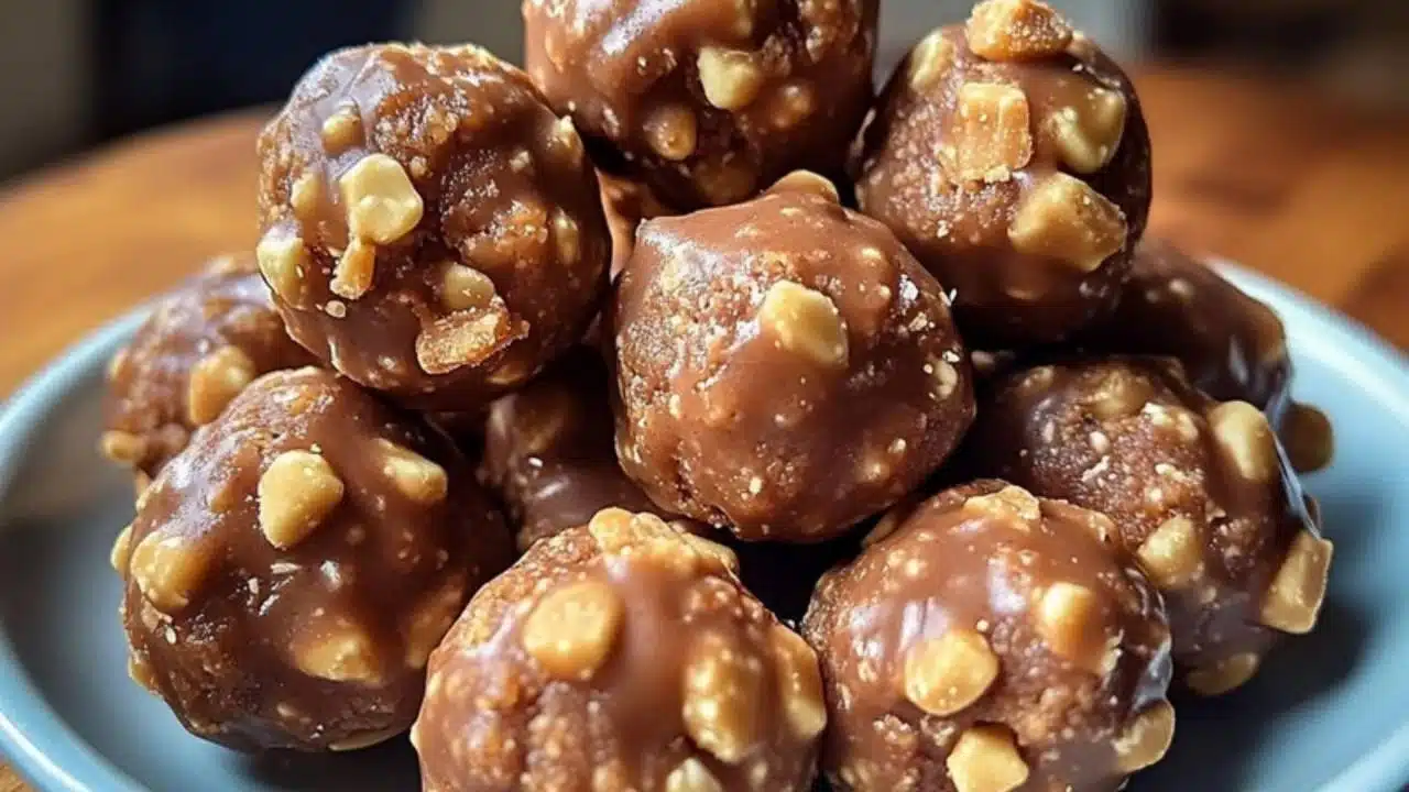 chocolate covered peanut butter balls on a plate with text overlay that reads, butterfingerer balls