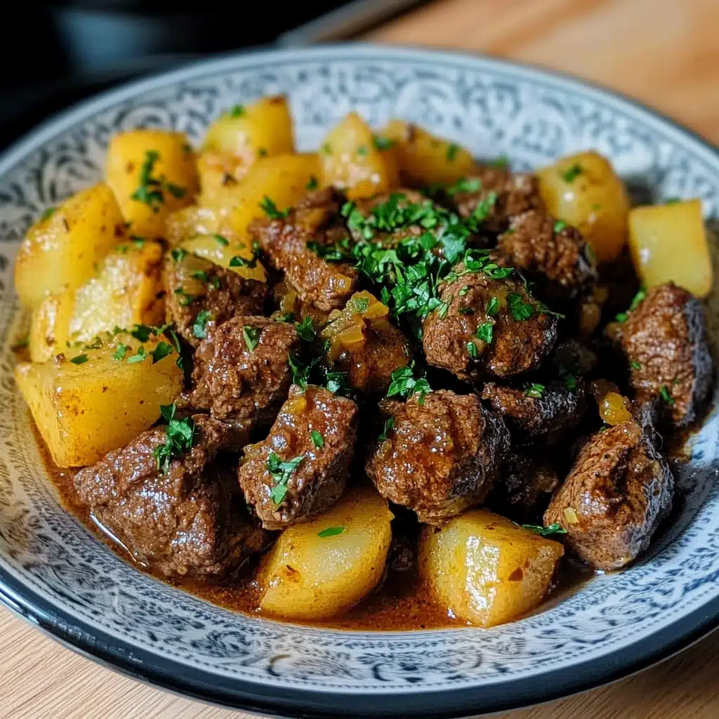 slow cooker garlic butter beef bites and potatoes in a bowl with text overlay
