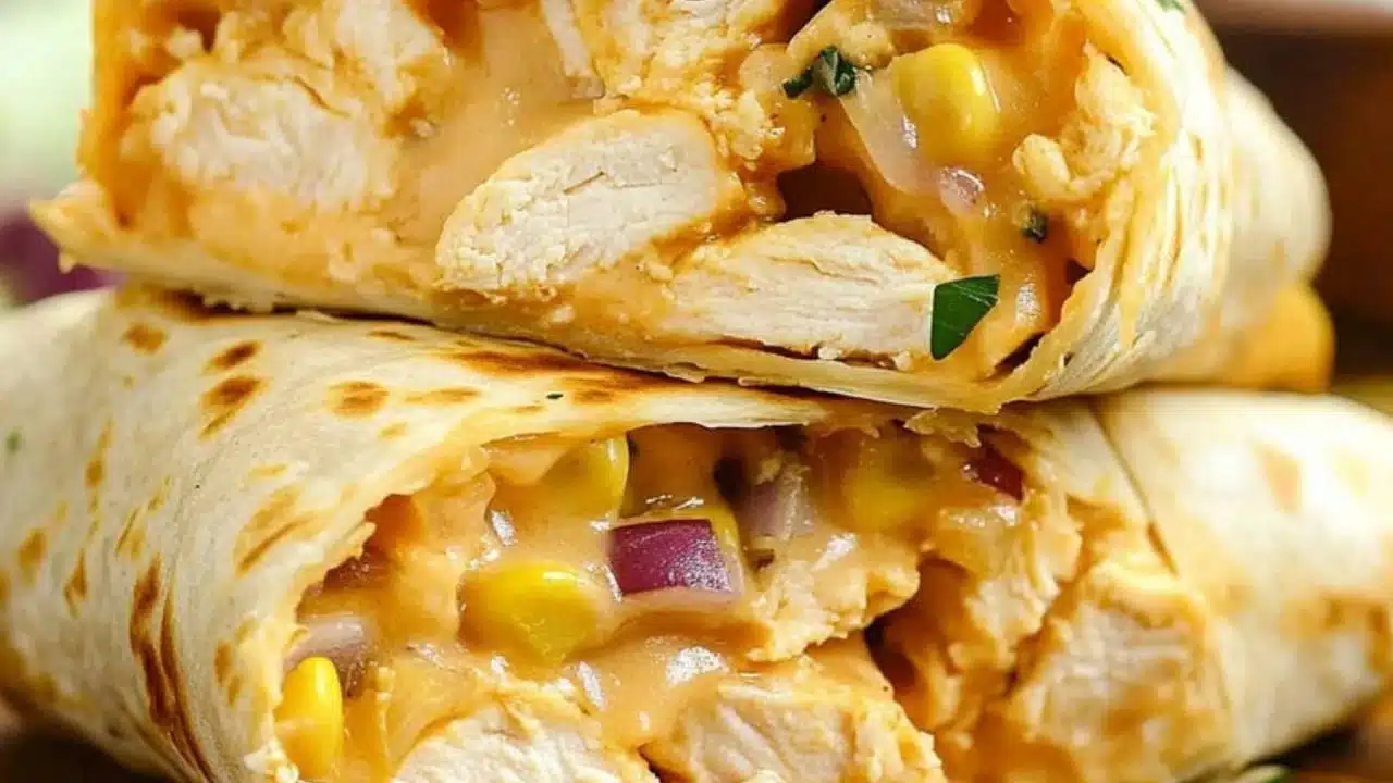 chicken wraps stacked on top of each other with the words cheesy garlic chicken wraps