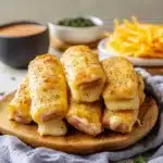 ham and cheese spring rolls on a cutting board