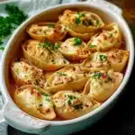 creamy seafood stuffed shells are served on a plate with parsley sprinkled cheese