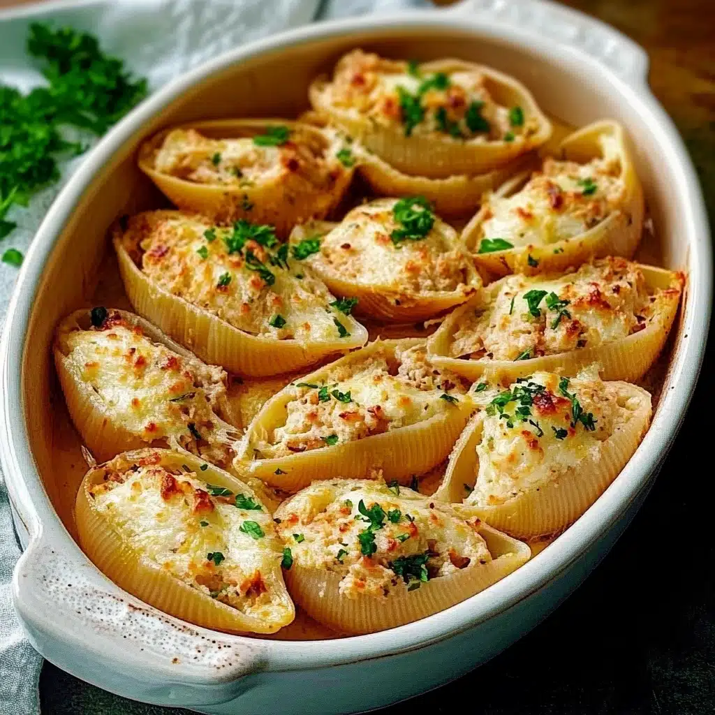 creamy seafood stuffed shells are served on a plate with parsley sprinkled cheese