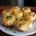 two crab cakes stacked on top of each other with cheese sauce drizzled over them