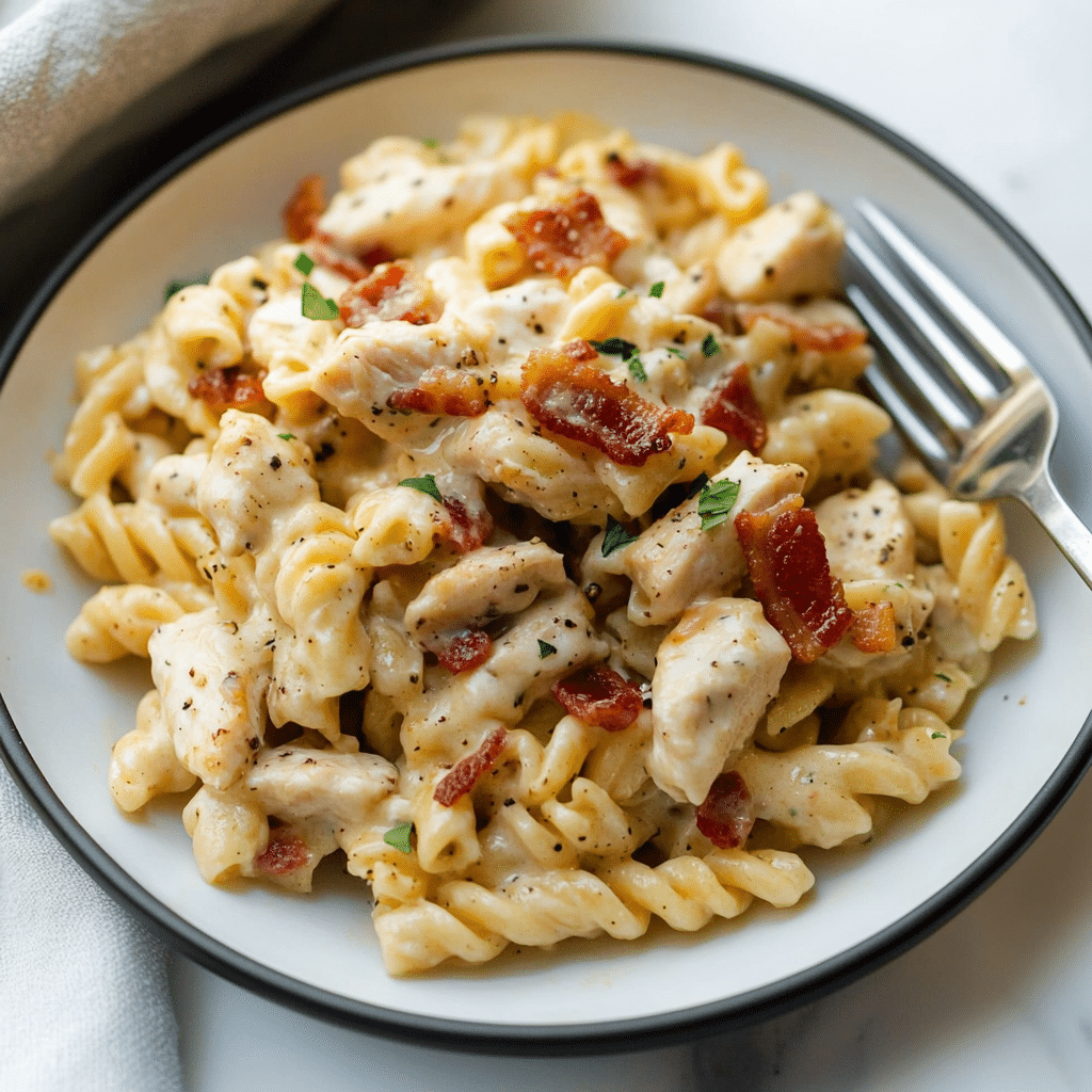 chicken bacon ranch pasta on a whit plate
