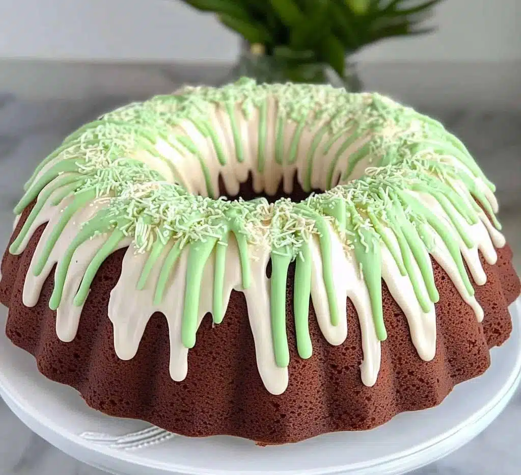 a bundt cake decorated with grass and peep holes