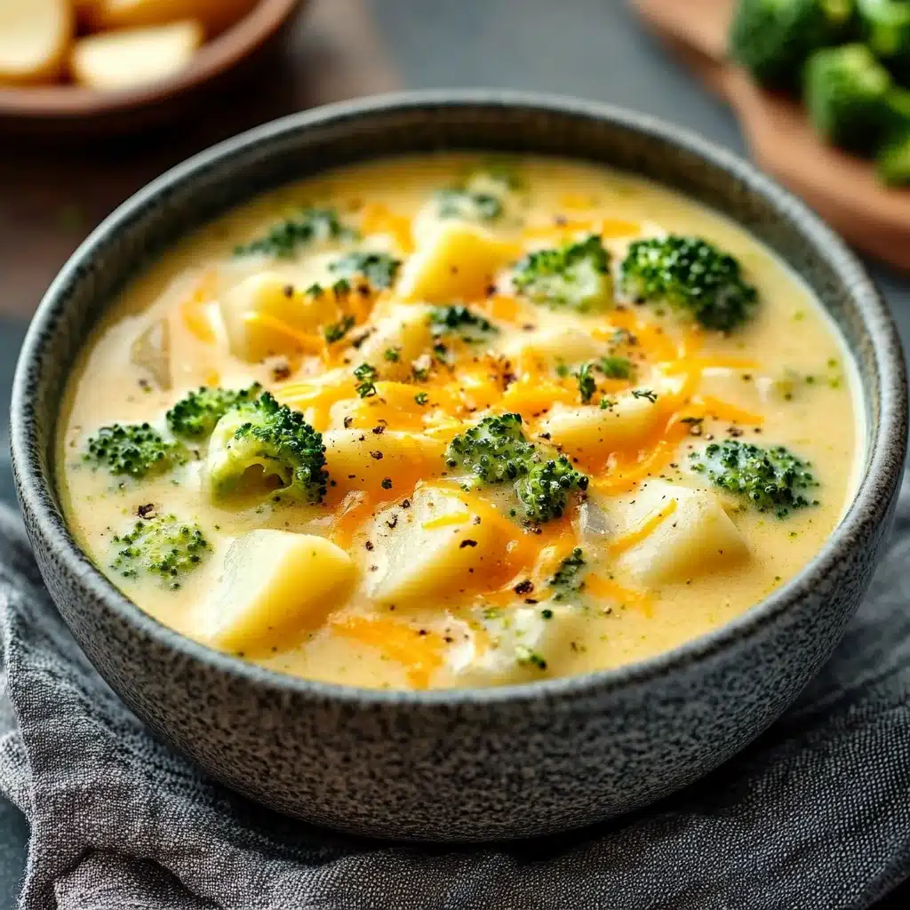 two images showing different types of broccoli potato soup with cheese in the middle