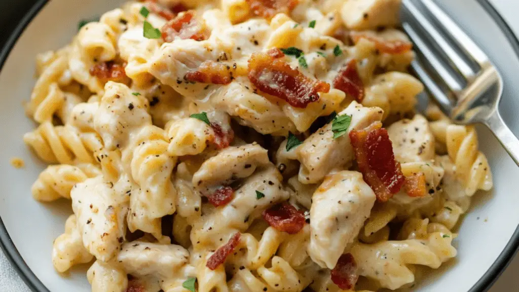 chicken bacon ranch pasta on a whit plate