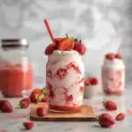 a strawberry milkshake in a glass with strawberries on the side and text overlay
