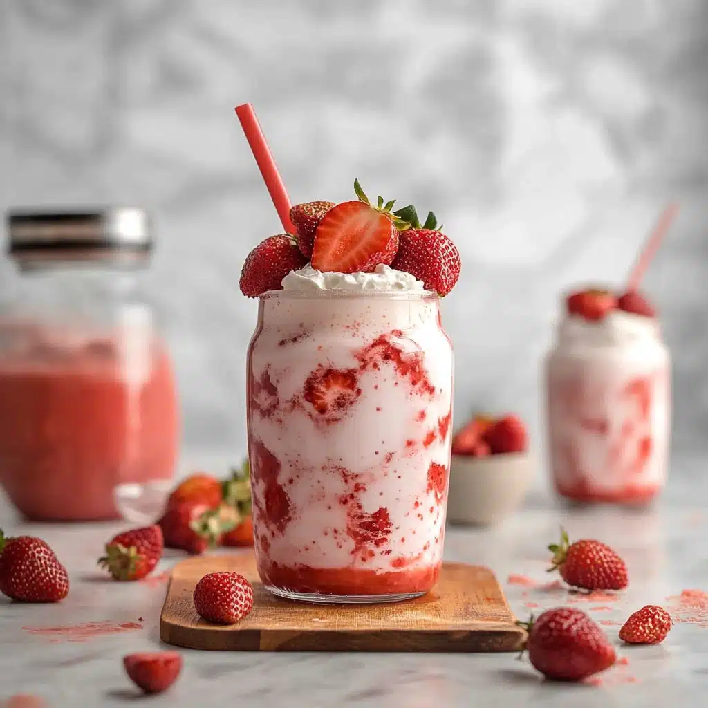 a strawberry milkshake in a glass with strawberries on the side and text overlay
