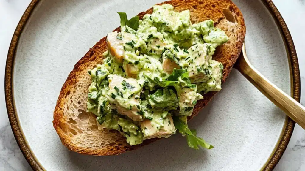 green goddess tuna salad on toasted bread is an easy and delicious appetizer