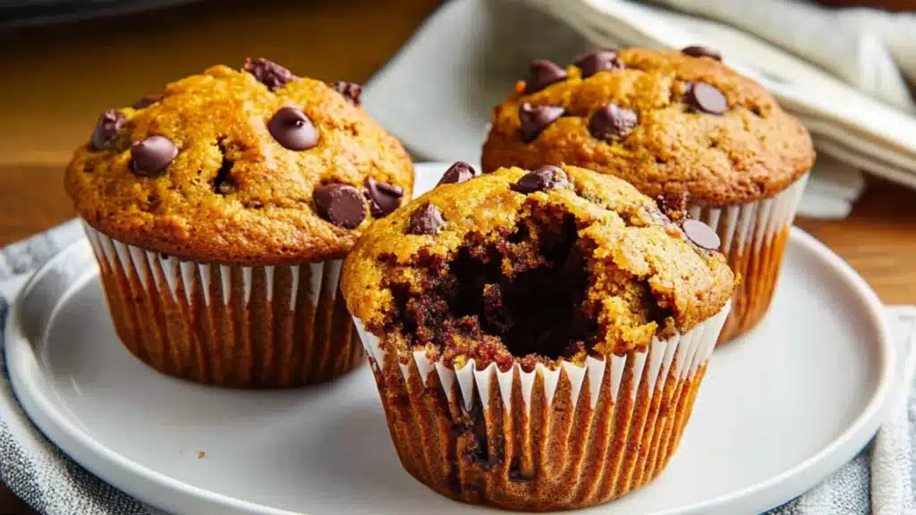 pumpkin chocolate chip muffins with text overlay
