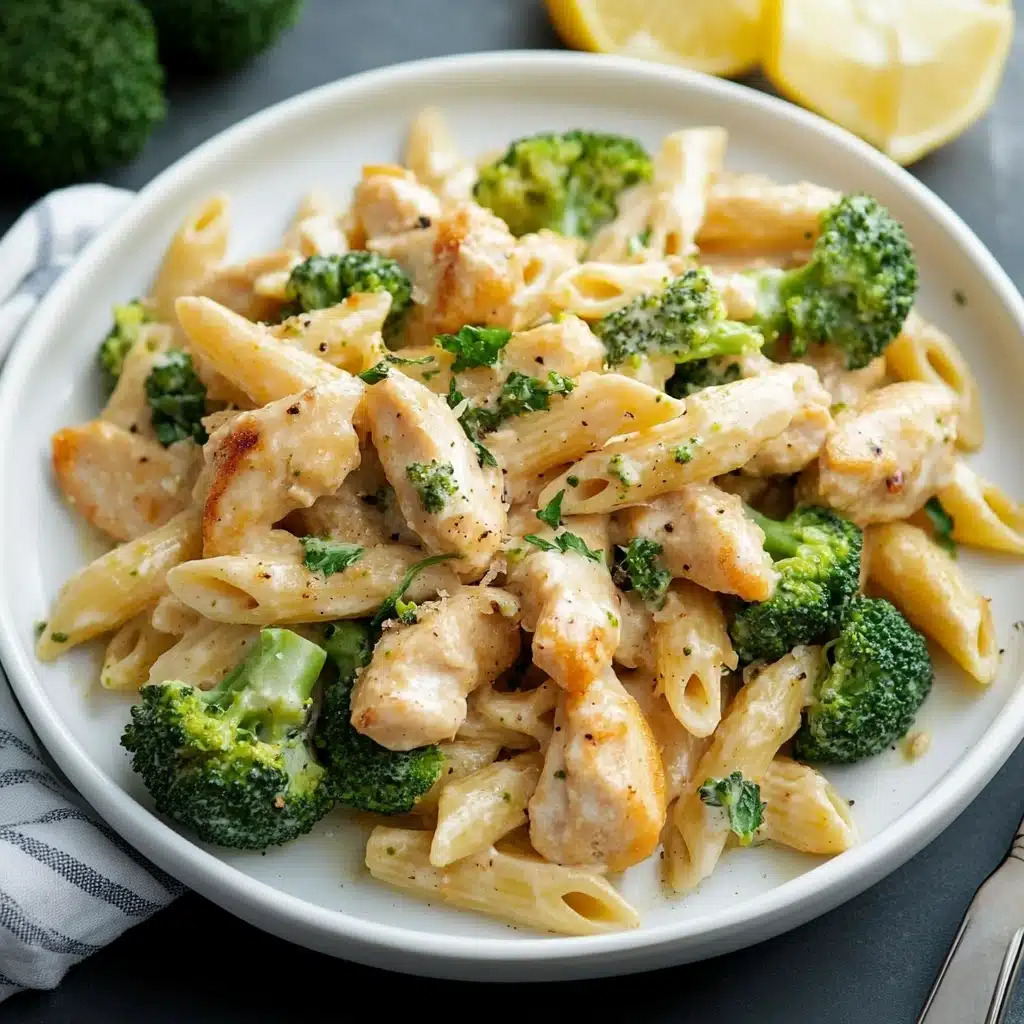 chicken and broccoli pasta bake in a pan with the title above it