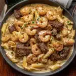 shrimp and steak alfredo pasta in a white bowl