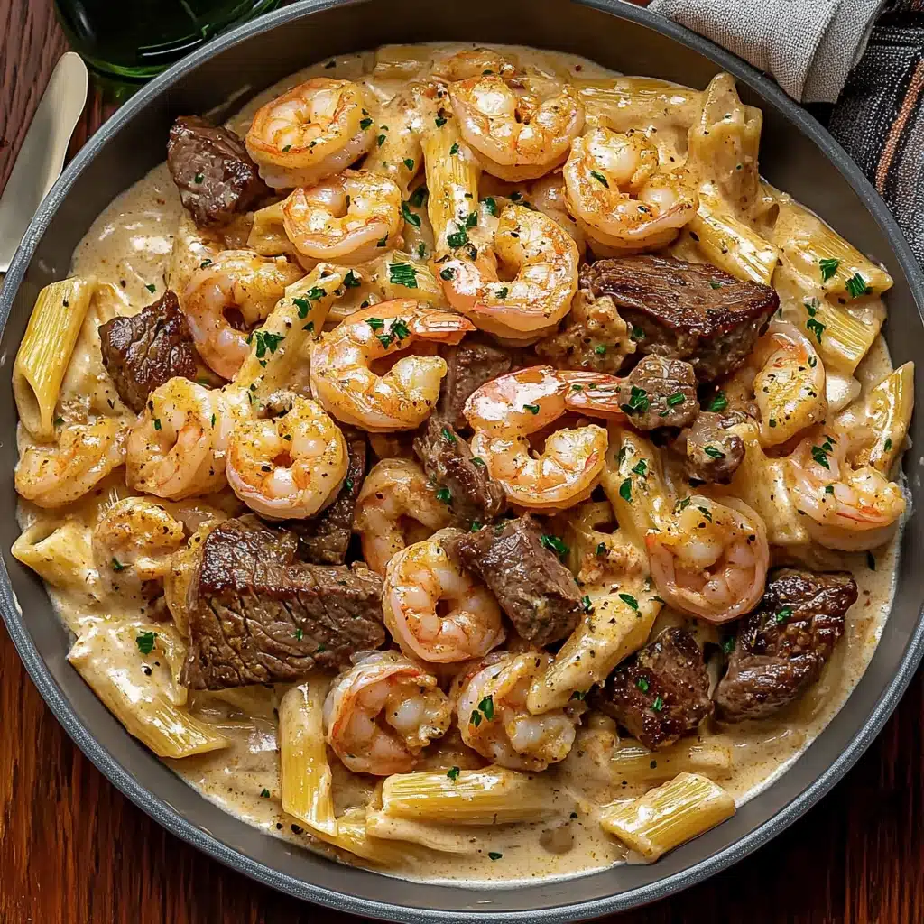 shrimp and steak alfredo pasta in a white bowl