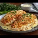 chicken with parmesan sauce in a white bowl and on the side, is shown