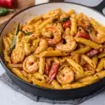 two bowls filled with shrimp and pasta on top of a table
