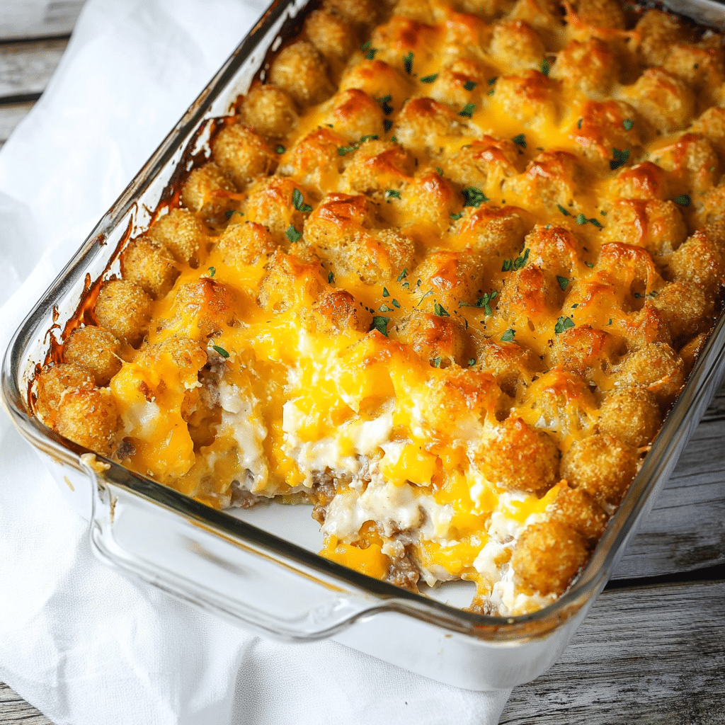 the secret spoon shepherd's pie meets tater tot casserole on a white plate