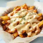 french fries with cheese sauce and parmesan on top