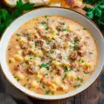 a bowl of soup with meatballs and cheese in it on a table next to bread