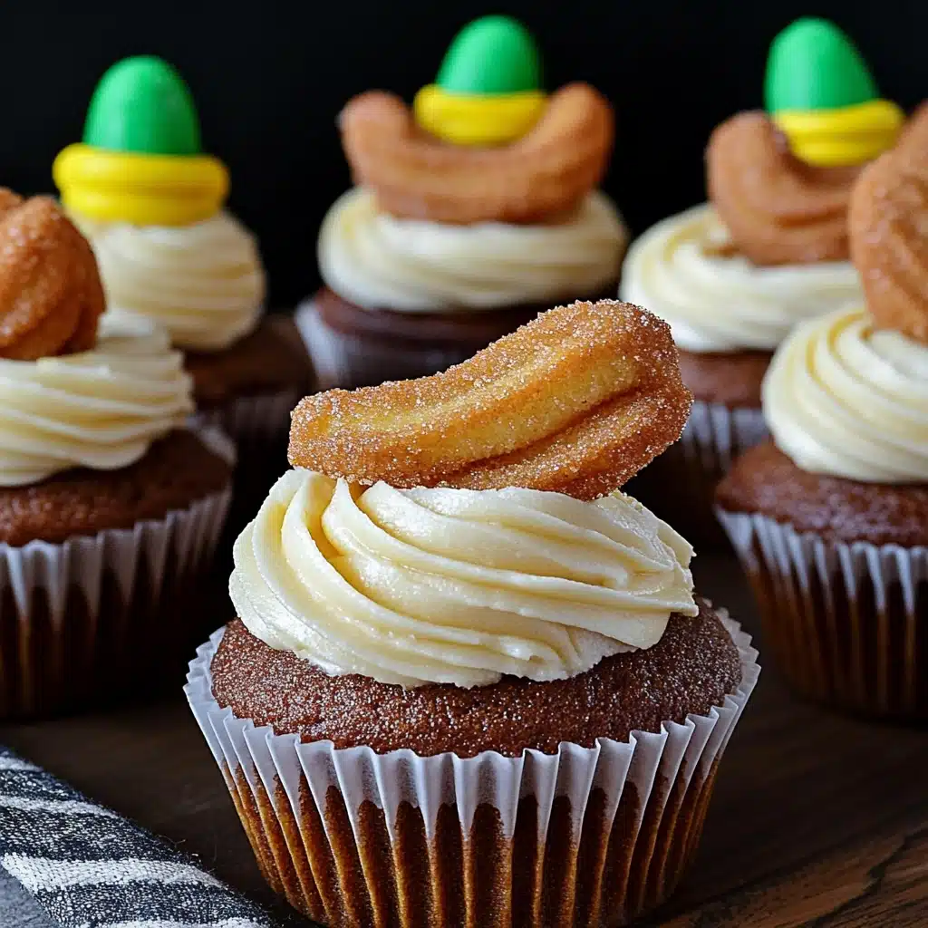 several cupcakes with white frosting and yellow decorations on top are sitting on a wooden table