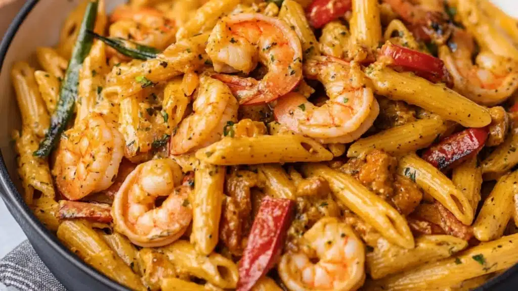 two bowls filled with shrimp and pasta on top of a table