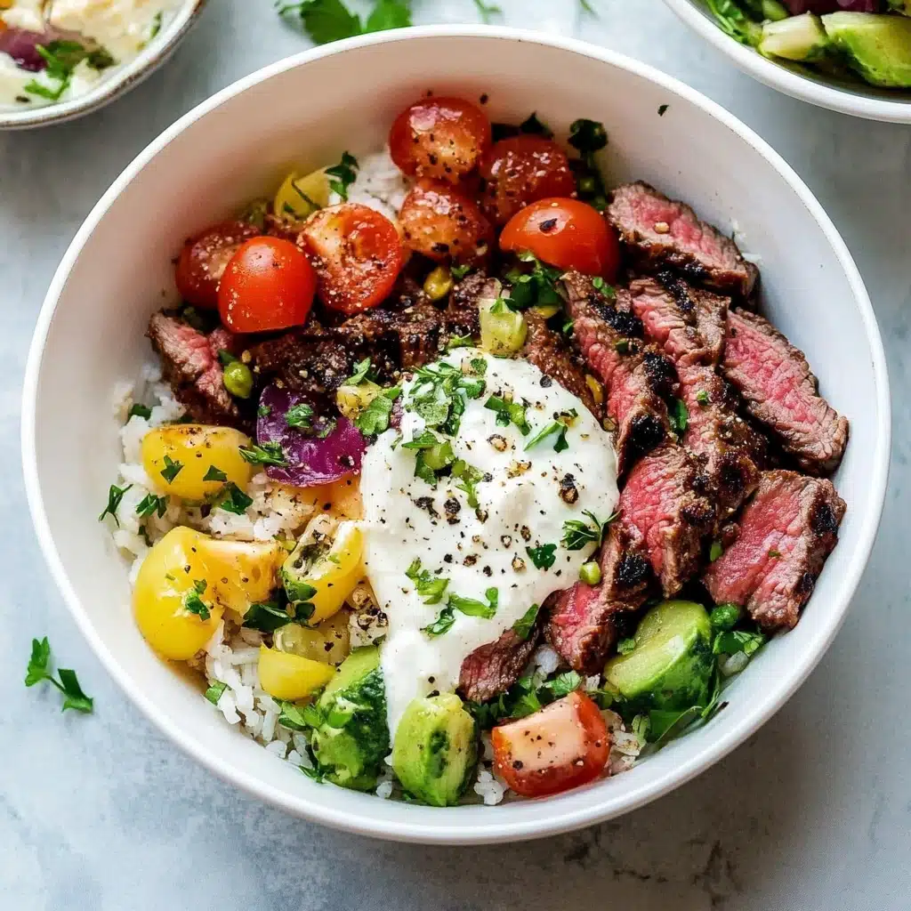 steak bowls with tomatoes, cucumbers and other vegetables