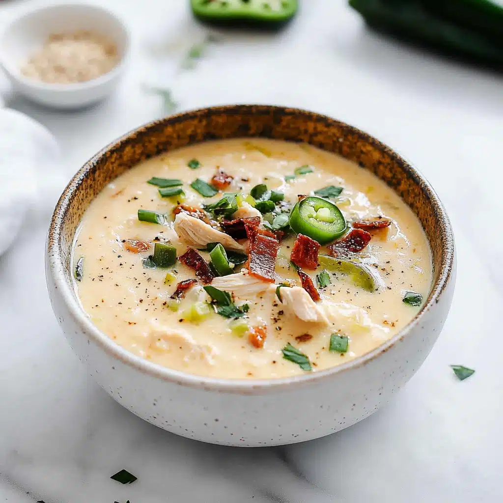 a spoon full of soup with chicken and peppers in it, being held by someone