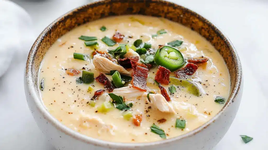 a spoon full of soup with chicken and peppers in it, being held by someone