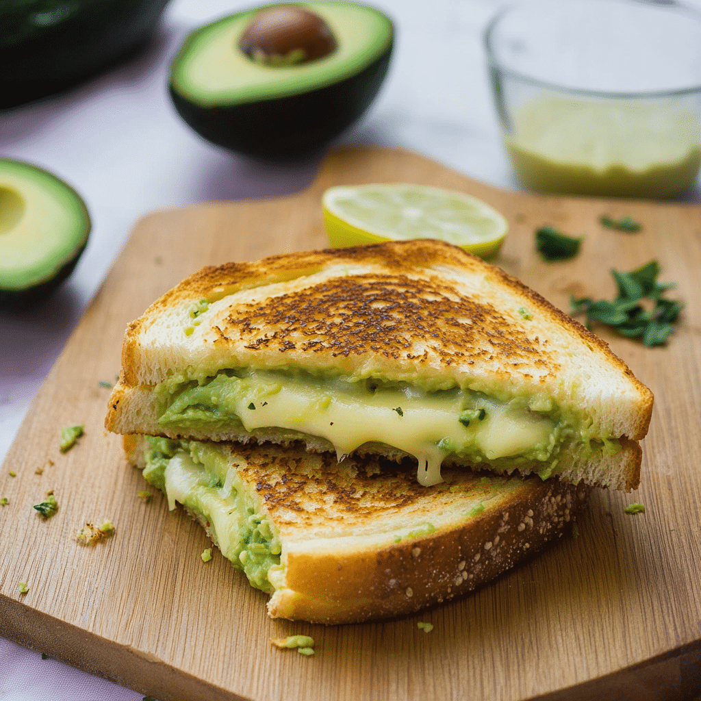 the grilled cheese sandwich is loaded with creamy avocado and cheesy